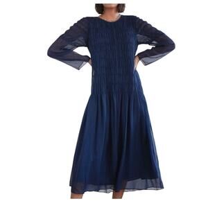 AYR The Something Special Silk Blend Dress Sz Large Navy Blue Designer Ethereal